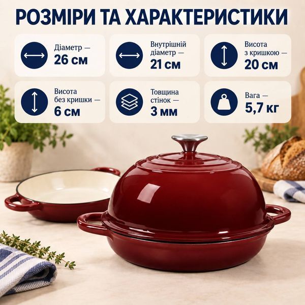 Жаровня-голландская печь чугунная эмалированная 2 л, красный HP-1-22-RED фото