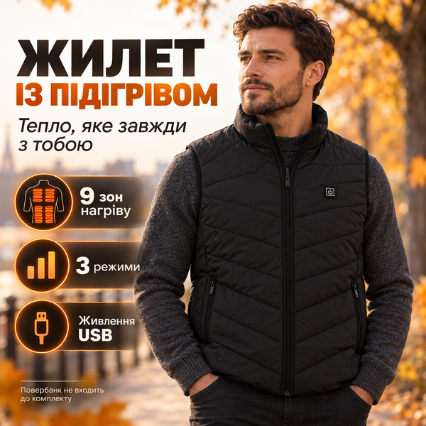 Жилетка XL з підігрівом від PowerBank 9 зон Терможилет електричний / Нагрівальний жилет Чорний LL174a фото