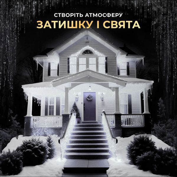 Ідея оформлення фасаду гірляндою «Бахрома» з білим світінням. Зображення з каталогу TechSvitShop.