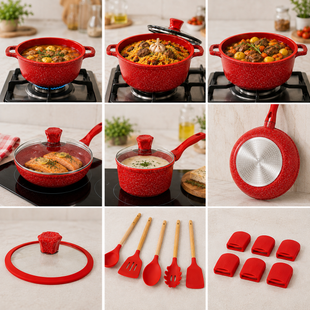 Красный Набор посуды Top Kitchen с мраморным покрытием, 10 предметов + кухонные принадлежности Digital ТК050L/2 фото