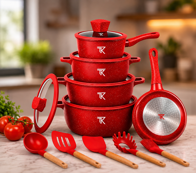 Красный Набор посуды Top Kitchen с мраморным покрытием, 10 предметов + кухонные принадлежности Digital ТК050L/2 фото